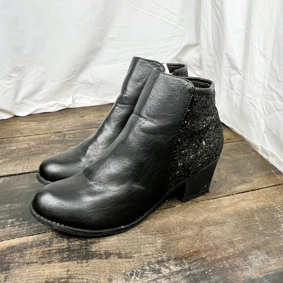 JG Black Leather / Glitter Round Toe Side Zip Block Heel Ankle Boots Size 12 - Picture 1 of 8